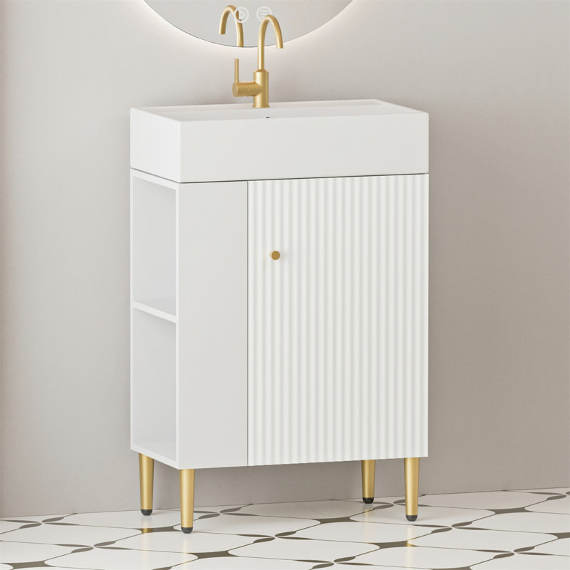 Meuble-lavabo à tablettes ouvertes de 21,6 po avec lavabo en céramique et porte à fermeture en douceur, parfait pour le rangement de vestiaire et le design moderne