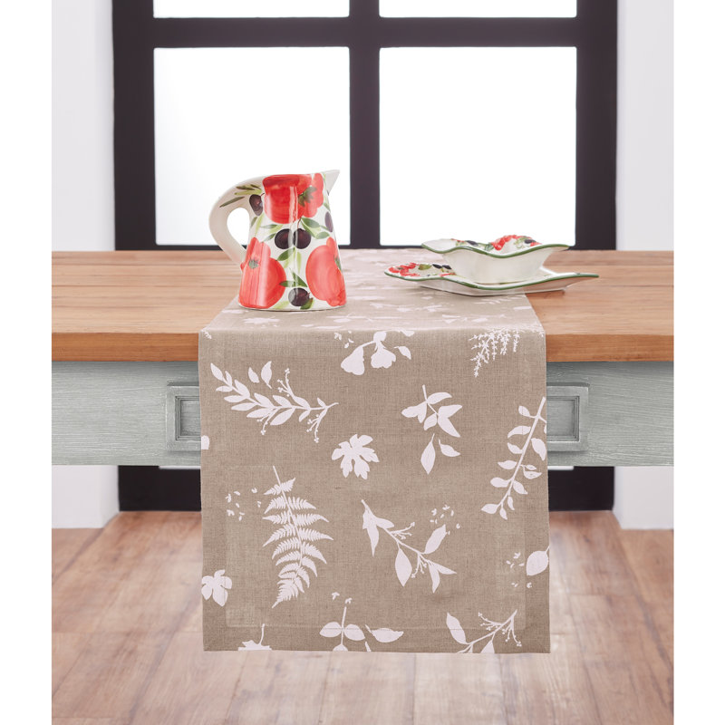 Botanical Leaves Print - 100% Pure Linen Table Runner, 108" x 14", Natural and White