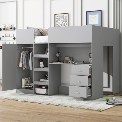 Modern Loft Bed With Wardrobe And Desk, Sturdy Construction And Space-Saving Design