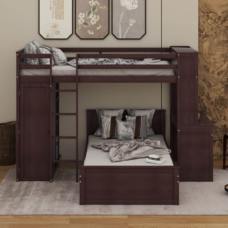 Lit mezzanine simple avec tablettes, bureau et garde-robe, Espresso