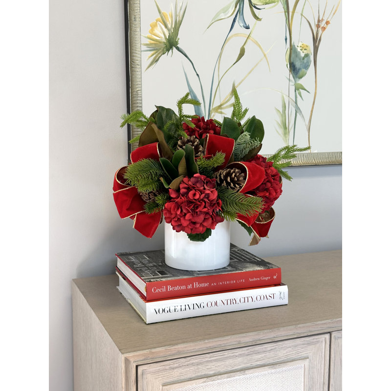 Holiday Arrangement with Hydrangeas, Pinecones and Bows, Red