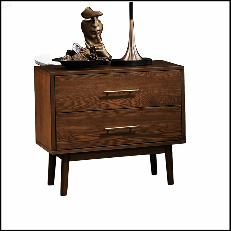 Table de chevet en bois massif avec poignées en nickel et 2 tiroirs, style moderne pour le rangement dans la chambre à coucher