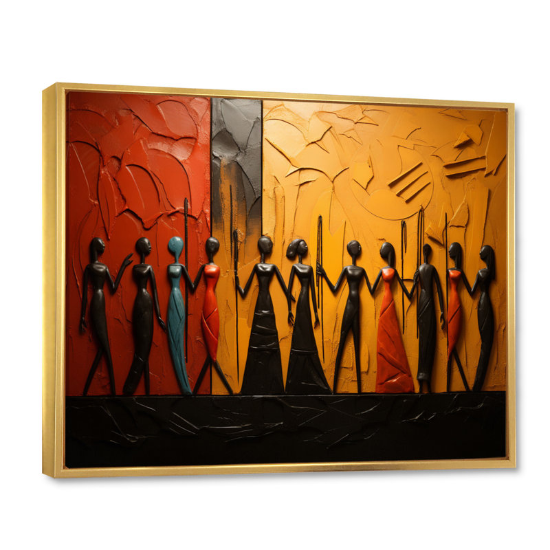 Khloie, Tribal africain, rythmes viii - Art mural tribal africain, H 34 po x l 44 po, Reproduction avec cadre flottant, Doré