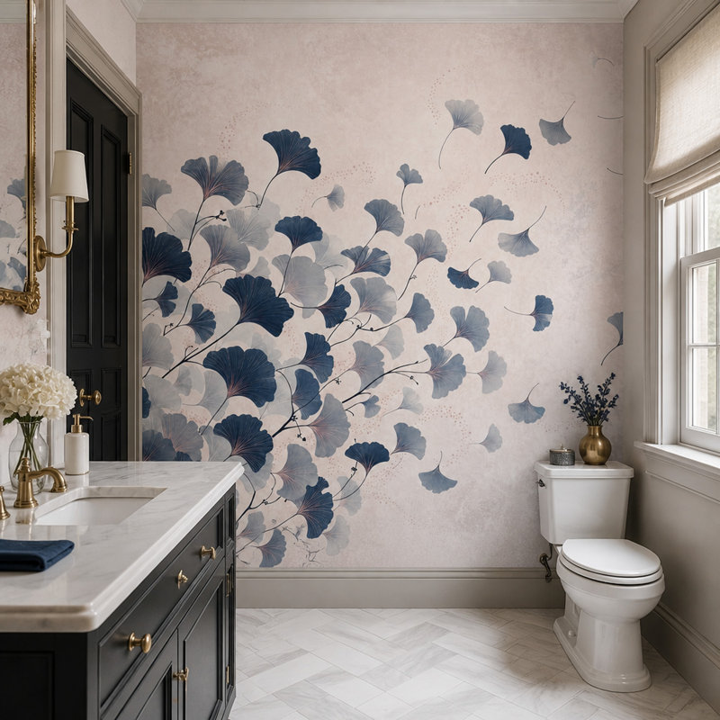 Fresque murale feuille de ginkgo bleu marine, art botanique, mur décoratif rose poudré, 180"x120", Non-Woven Nonpasted