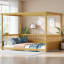 Cadre de lit à baldaquin pleine grandeur avec garde-corps pour enfants, lit à plancher double avec conception à baldaquin, lit à plancher pour enfants Montessori, cadre de lit à baldaquin en bois pour filles, garçons (double, naturel)-294141882-294141884