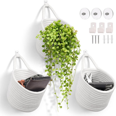 Fabric Wall Hanging Baskets - 3Pack Woven Pouchs Boho Style Wall Mounted Bag With Adhesive Hooks, Storage Organizers And Decoration Pocket Caddy Bins On Door Rack