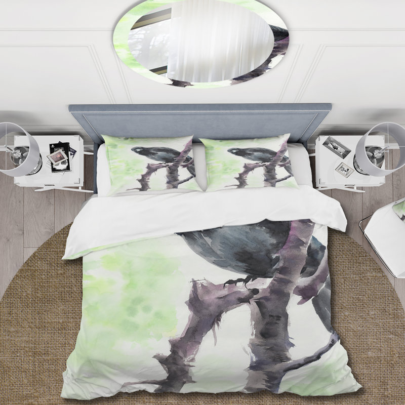 Curious Crow On A Branch - Ensemble de housse de couette traditionnel - Microfibre de polyester