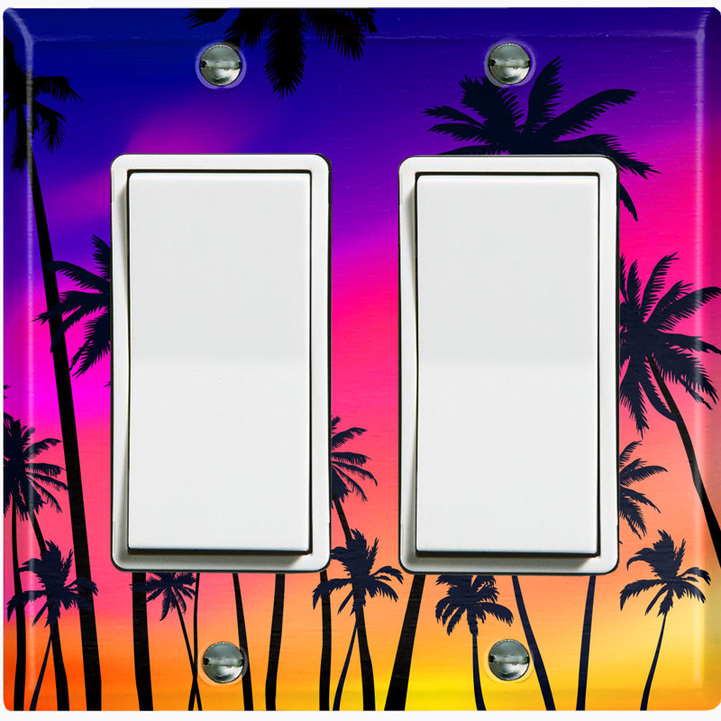 Metal Light Switch Plate Outlet Cover (Sunset Colourful Sky Palm Trees  - Double Rocker)