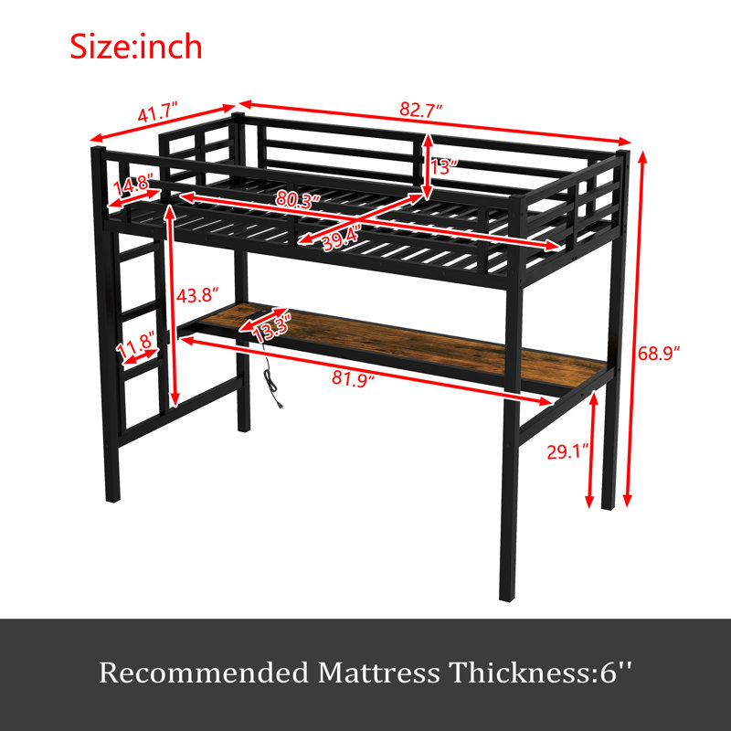 Metal Loft Bed With Power Outlet And LED Lighted, Space-Saving, Noise Reduced, Black, Twin XL