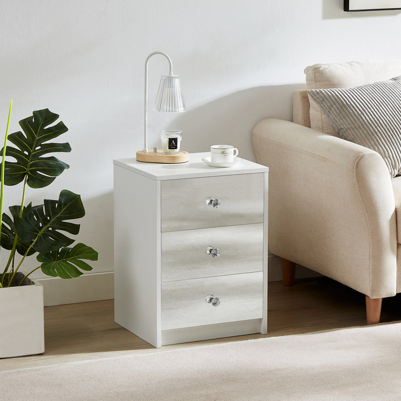 Table de chevet 3 tiroirs pour chambre à coucher, table de chevet moderne en bois et miroir, table de bout carrée en verre avec rangement pour chambre à coucher, canapé, blanc