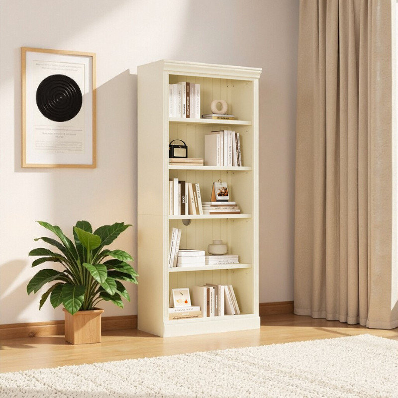 Bibliothèque à 5 niveaux PVolume avec tablettes réglables, capacité 55LB, éclairage intégré, Beige