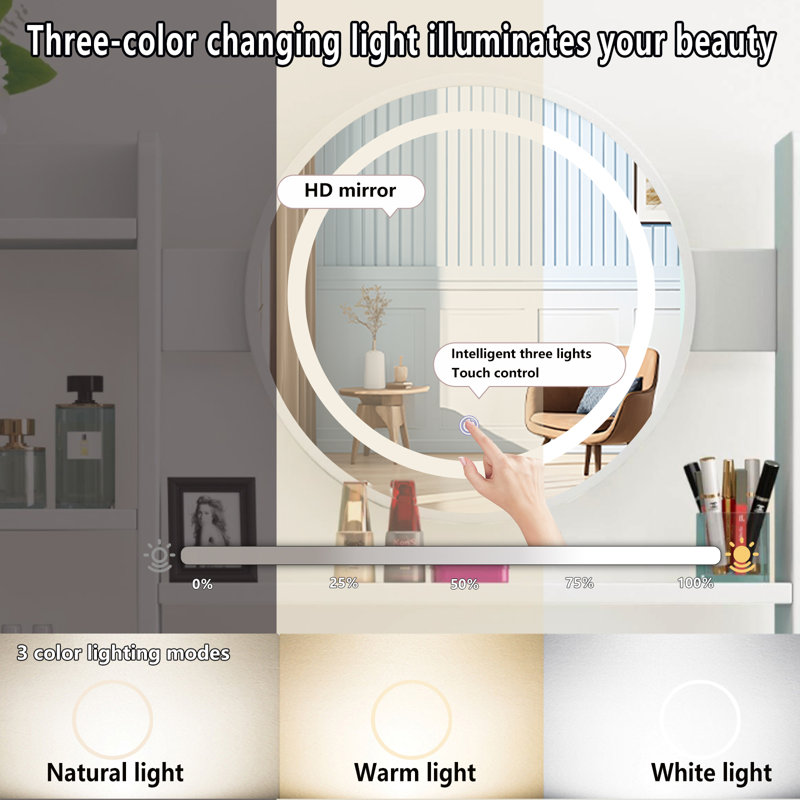 Dressing table with LED lighting mirror, adjustable brightness, dressing table with chair