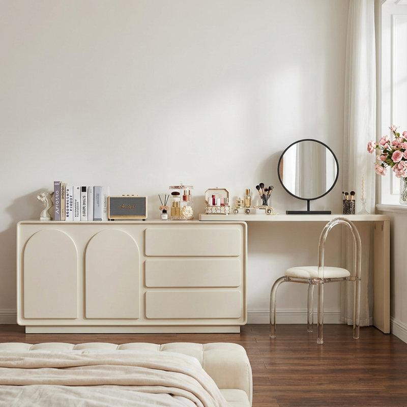 Extendable Makeup Vanity Desk Set with Mirror and Stool, Cream Finish, 3 Drawers & Storage Cabinets, 55"–110", Beige
