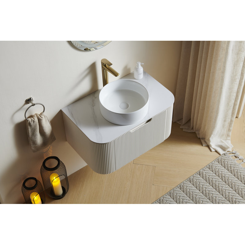 30" Striped Bathroom Vanity With Sink, Plywood Modern Wall-mounted Floating Curved Edges Striped Bathroom Storage Cabinet With A Drawer, White Round Ceramic Basin Without Faucet, Pre-assembled