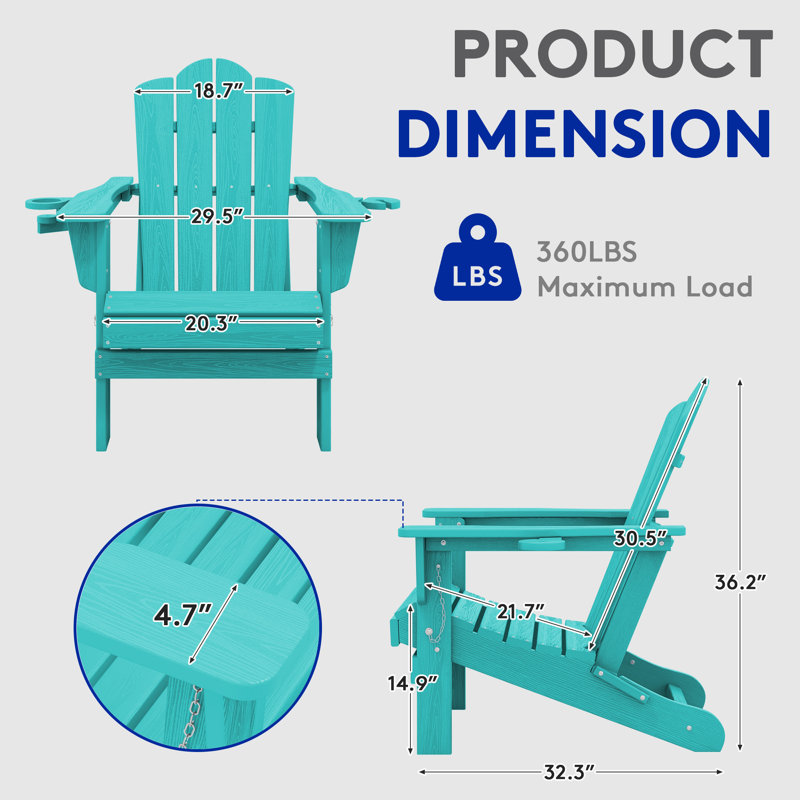 Chaise Adirondack pliante Ayanda en PEHD avec porte-gobelet double (ensemble de 2), Bleu paon