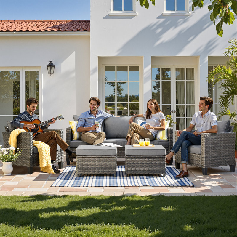 Harbin Wicker 5 Piece Rattan Sofa Seating Group with Cushions with Armchairs, Grey, No