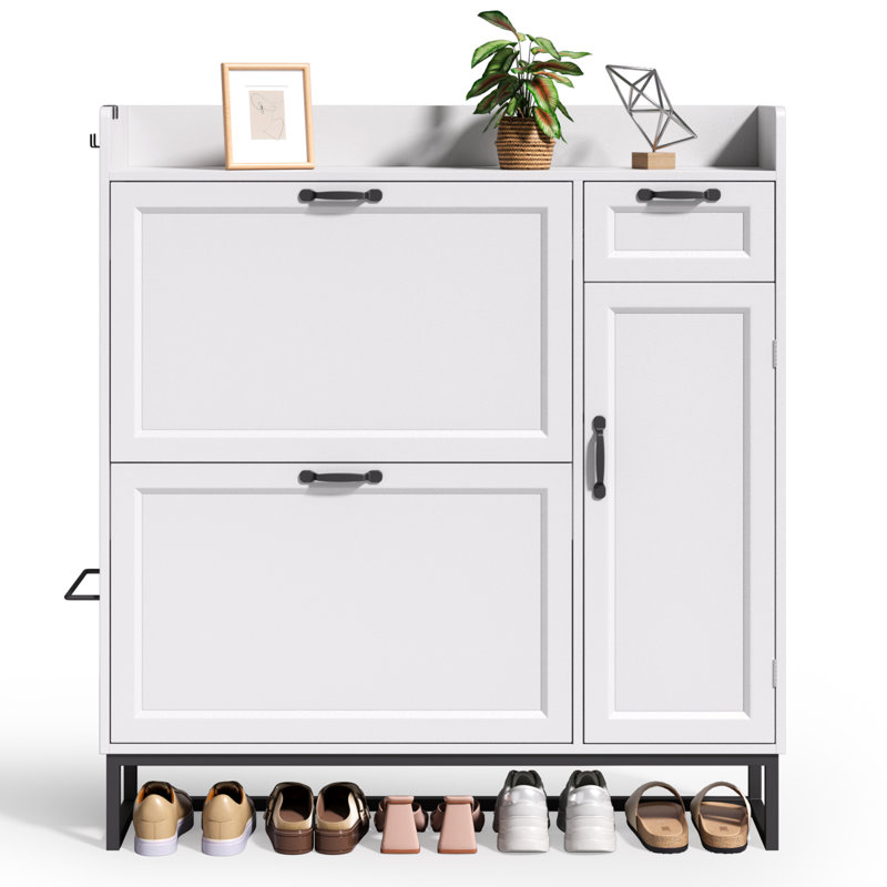 25-Pair White Shoe Storage Cabinet – Two Flip-Down Drawers, Side Cabinet & Hooks