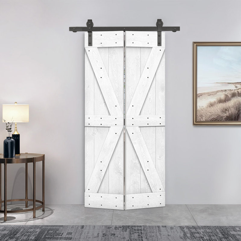 Porte de grange pliante en bois de pin avec quincaillerie coulissante, Blanc, 24 po x 84 po