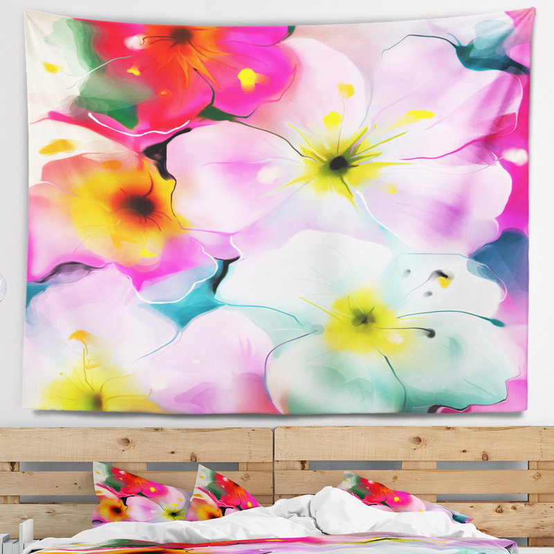 Tapisserie motif floral aquarelle colorée, H 32 po x l 39 po