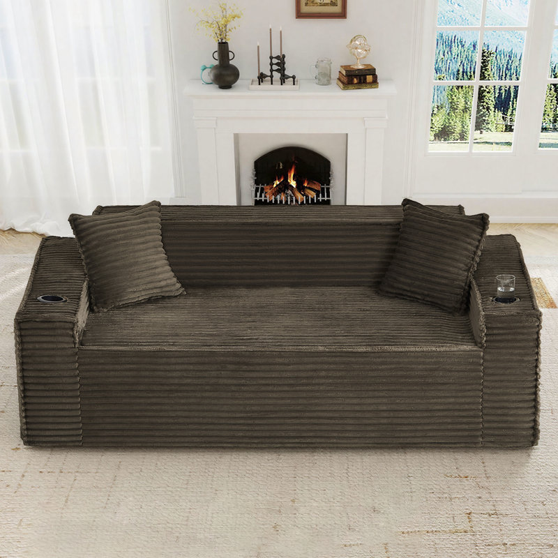 Canapé d'appoint 61 po en forme de fausse fourrure avec coussins et porte-gobelets et poche latérale, Brun