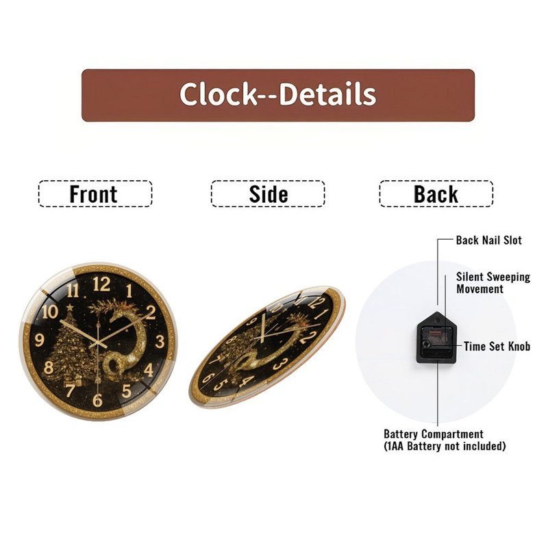 Horloge avec dragon et arbre de Noël - Horloge murale moderne en verre de 12 po