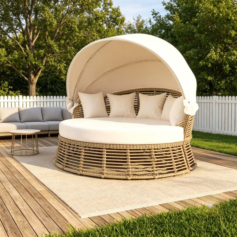 Lit de jour rond en osier de patio avec auvent rétractable, lit de bronzage extérieur beige avec coussins amovibles pour la piscine et la cour
