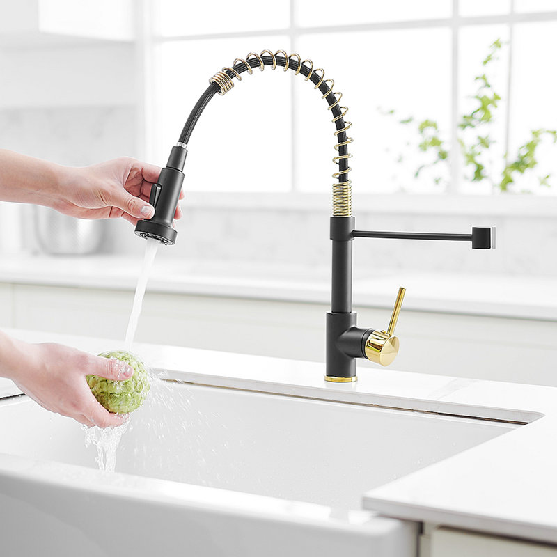 Commercial Kitchen Faucet With Pull Down Sprayer, Single Handle Single Lever Kitchen Sink Faucet, Black/Gold