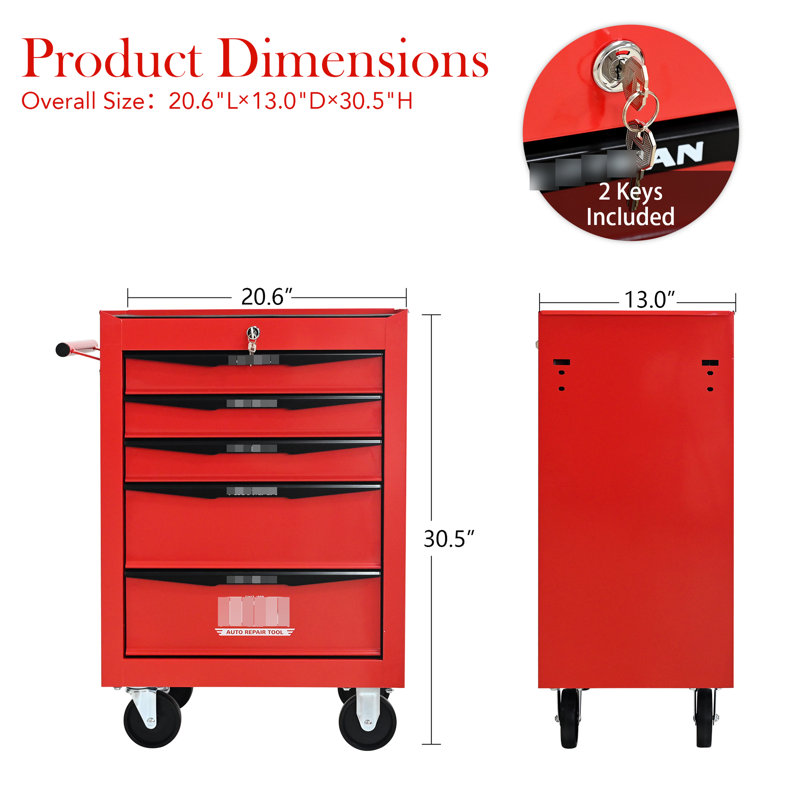 20", Red&Black, 5 Tool Storage Trolley, Bearing Slide, Heavy - Duty Drawer Use, Chest, , Pull Move Handle, Lockable Compartment 5 Drawers, Workshop Metal Slides, Locking Mechanisms,