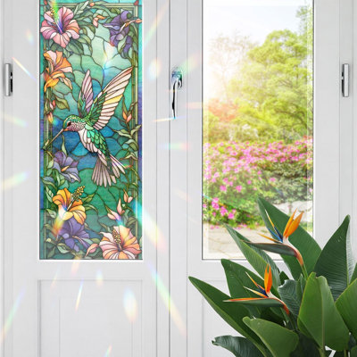 Film décoratif pour vitres effet vitrail colibri, pellicule pour vitres effet vitrail colibri pour porte de douche/salle de bain, protection contre la chaleur et les UV