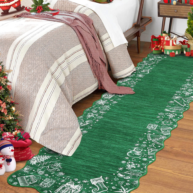 2x6ft Scalloped Christmas Rug Non Slip, Washable Low Pile Non Shedding Xmas Holiday Carpet Indoor Printed Area Rug