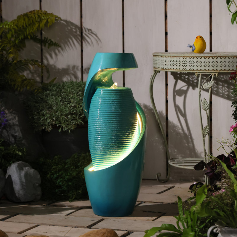 Modern Resin Cascading Water Fountain with LED Lights, 29.5" Tall Freestanding Water Feature for Living Room & Patio Decor