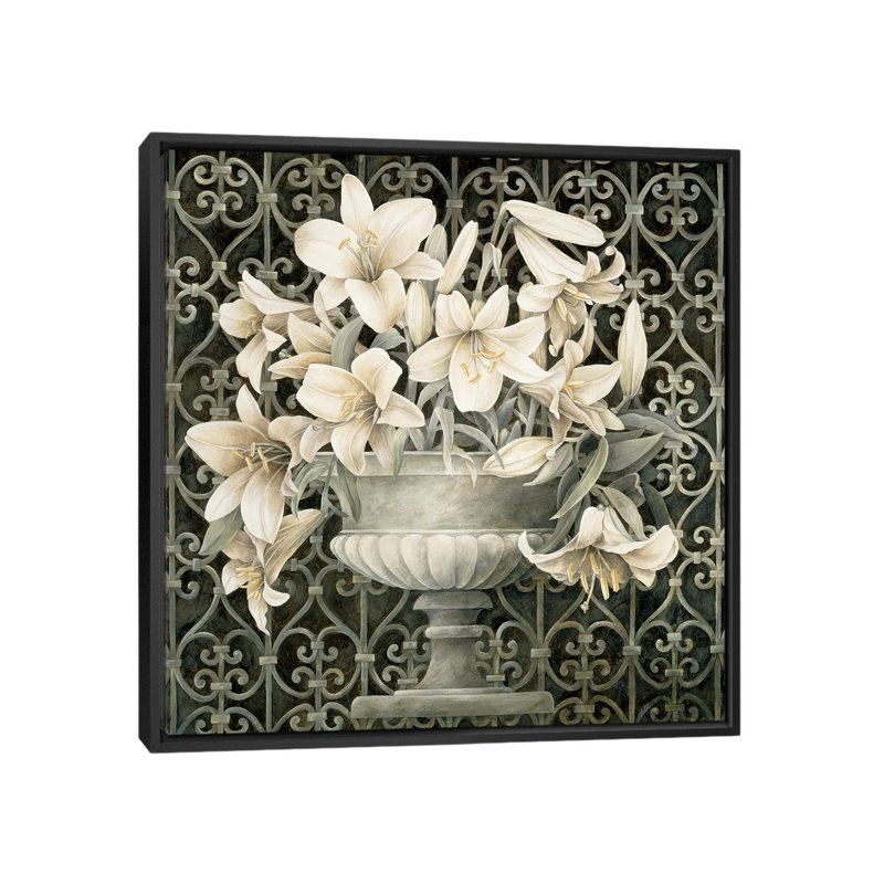 «Lilies In Urn», impression sur toile, H 18 po x l 18 po x P 1,5 po, Toile avec cadre noir, Pas de tapis