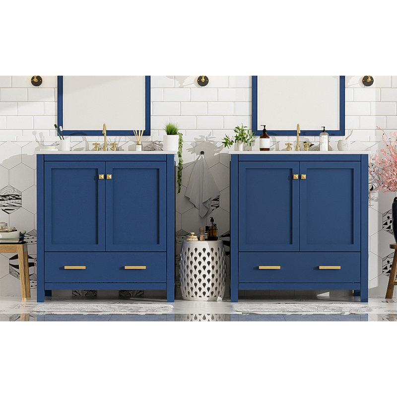 Ensemble de meuble-lavabo bleu 60 po avec lavabos doubles (séparés), lavabos doubles en céramique, tablette de rangement et tiroirs séparés (miroir non inclus) - Solution de salle de bain moderne pour salles de bain spacieuses