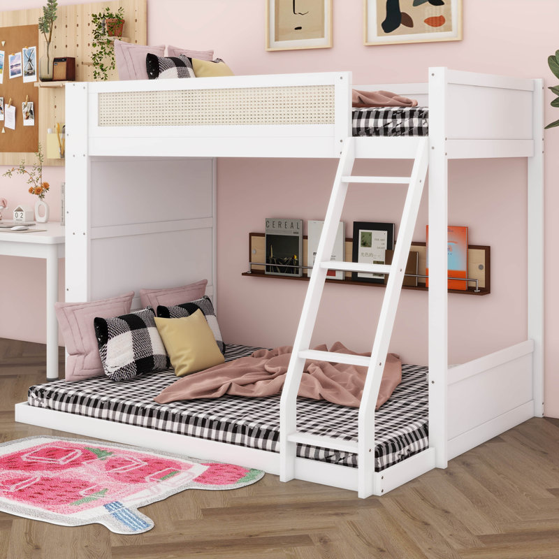 Bunk Bed With Chic Rattan Aesthetics, Bunk Bed Frame With Storage Bookshelf And LED Lighting, White