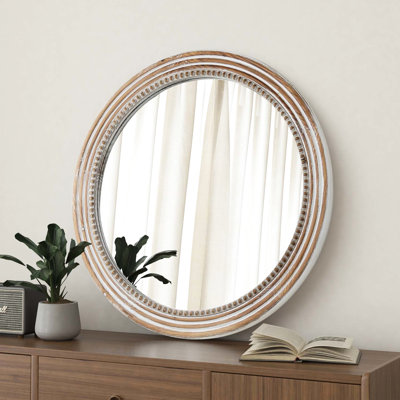Miroir rustique perlé de 23,92 pouces, style pour le salon, entrée de cuisine, miroir mural blanc rond avec perles
