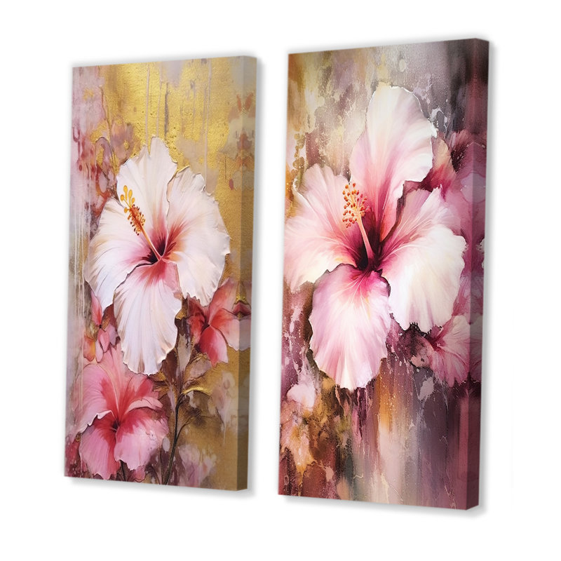 Hibiscus exotique doré et rose - Hibiscus, ensemble de 2 impressions sur toile, Toile tendue, H 32 po x l 33 po