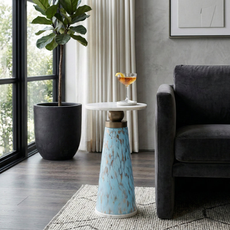 Sculptural Marble-Top Accent Side Table for Living Room Styling - Decorative Narrow End Table with Marbled Pedestal for Hoome Decor Styling