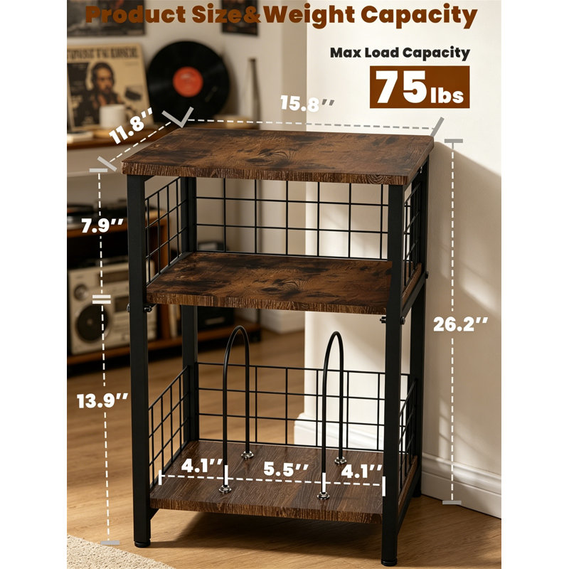 3 Tier End Table with Wire Mesh Record Storage, Turntable Stand Holds 100 Albums, Black