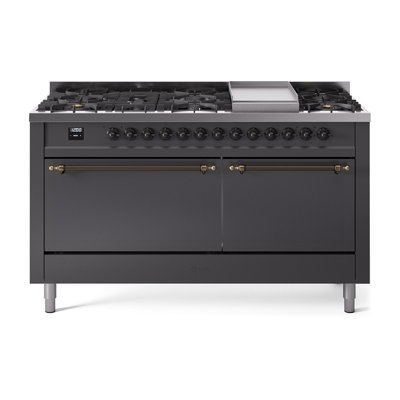 ILVE Nostalgie II Series 60 in. Dual Fuel Range with 9 Sealed Burners, Griddle (Liquid Propane, Solid Door)
