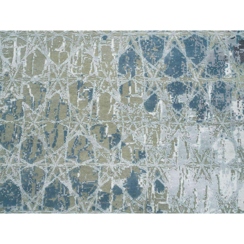 Tapis noué à la main 8 pi x 9 pi 10 po gris et bleu en laine et soie