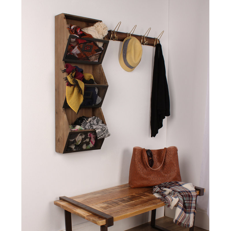 Burdock Solid Wood Wall Organizer with Wall Baskets, Brown