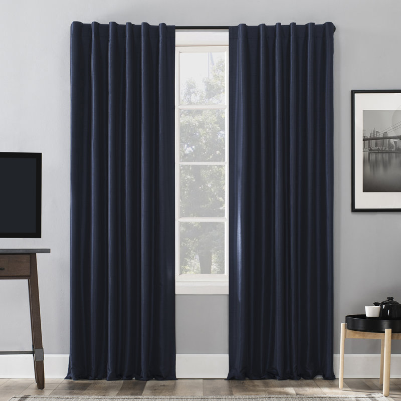 Faux Dupioni Silk Thermal Extreme 100% Blackout Back Tab Curtain Panel, 50" W x 84" L, Navy
