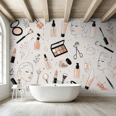 Peler et coller le papier peint, minimaliste, beauté, maquillage, produits cosmétiques, femmes, art mural, auto-adhésif et amovible