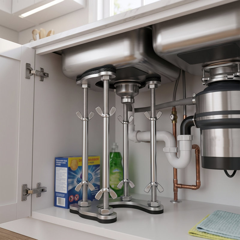 Support de lavabo encastré en acier inoxydable, tige de support réglable de 47 à 77 cm, support de lavabo robuste pour installation sous comptoir dans la cuisine et la salle de bain