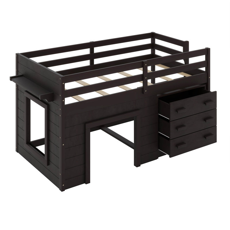 Lit mezzanine simple avec armoire de rangement et tablette, Espresso