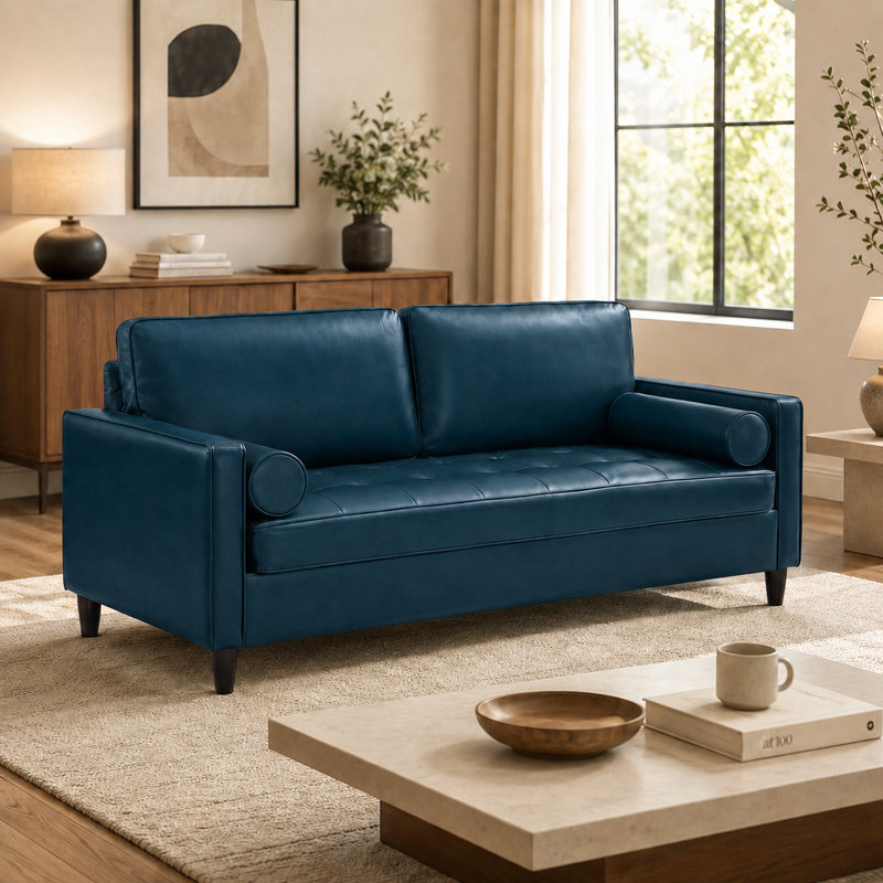 Coussin contemporain en similicuir avec cadre à ressorts ensachés contemporain, Navy Blue