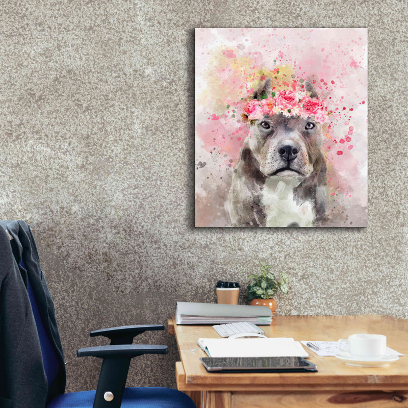 «Flower Crown Pit Bull» par Furbaby Affiliates, art mural sur toile, H 30 po x l 26 po x P 1,5 po