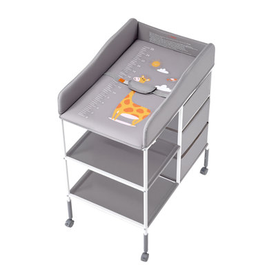 Height Adjustable Baby Changing Table with Rolling Wheels, Portable Diaper Station Organizer featuring 3 Fabric Drawers & Safety Rails for Nursery