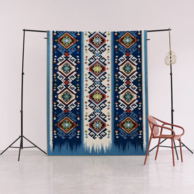Blue-Themed Multi-Colored Stripe Traditional Motif Patterned Vintage Decorative Rug