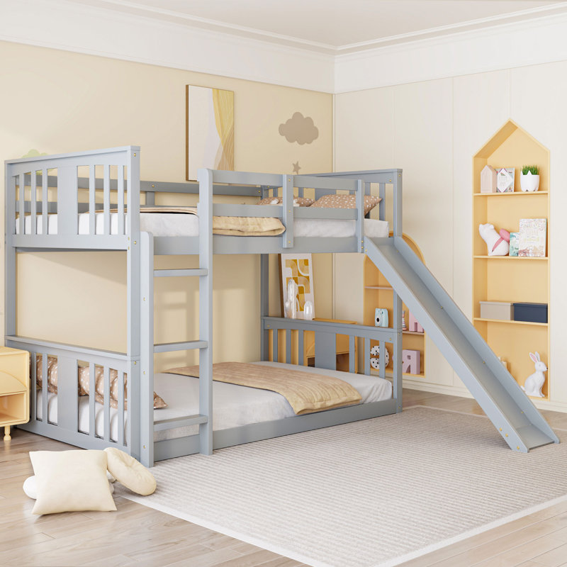 Twin Over Twin Bunk Bed with Slide and Ladder, Solid Wood Frame, Guardrails, Space Saving Design, Gris